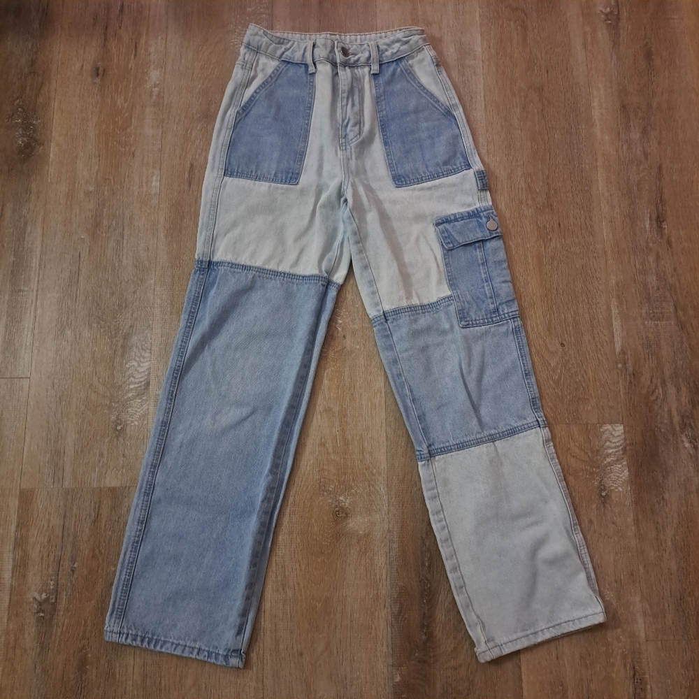 SHEIN Two-Toned Blue Denim Jeans Cargo One Side Pocket Patch Style Women XS